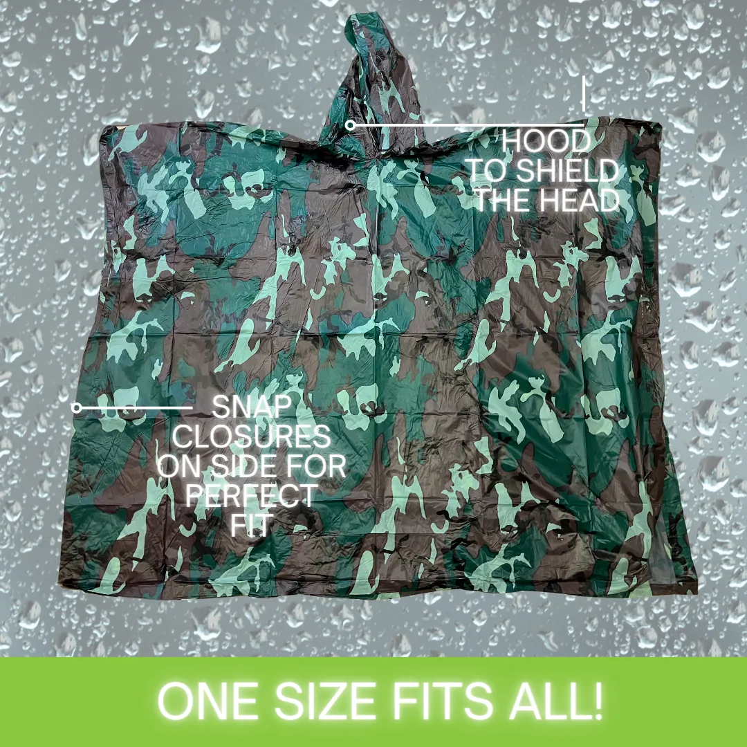 10 Mil Camouflage Vinyl Rain Poncho with Hood - Adult Size  - RAIN-39050