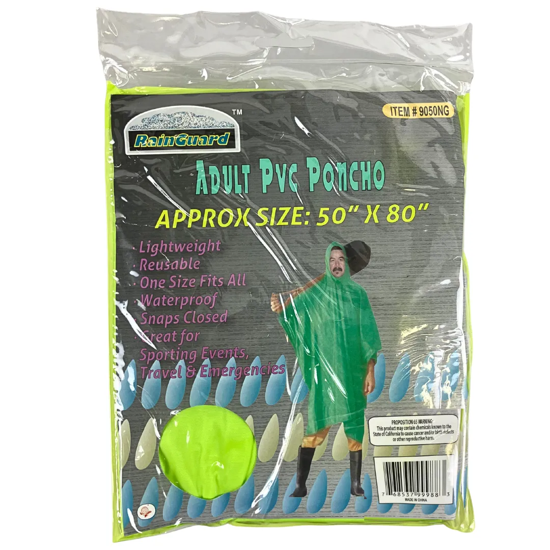 10 Mil Neon Green Vinyl Rain Poncho with Hood - Adult Size  - RAIN-99988