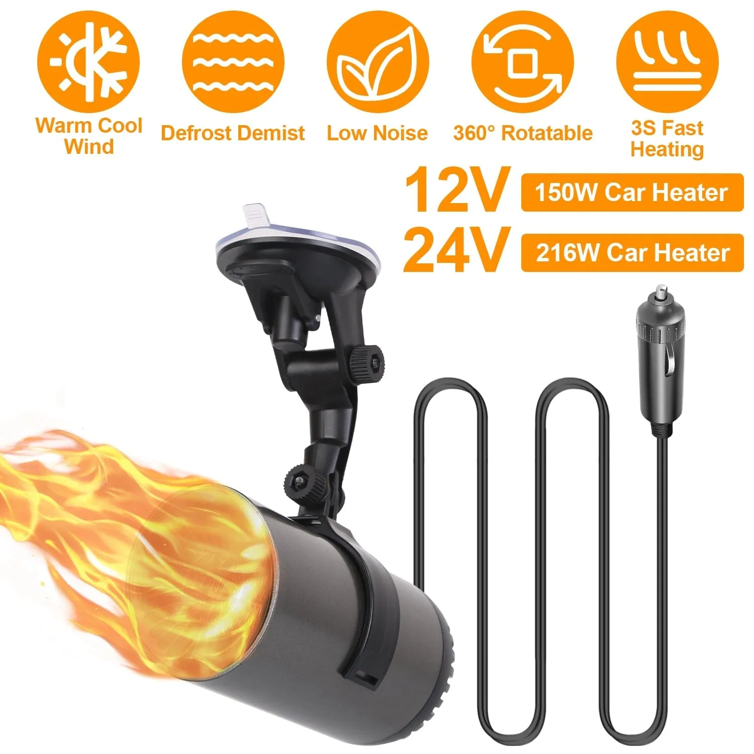 150W Portable Car Heater 2-in-1 Heating Cooling Fan Rotatable Demister Defroster