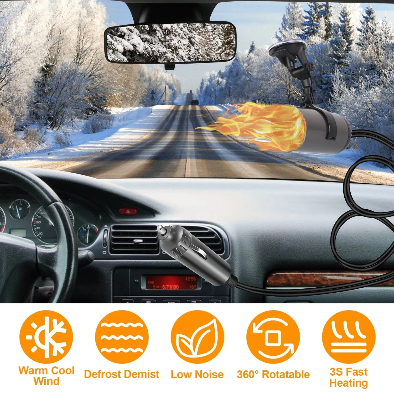 150W Portable Car Heater 2-in-1 Heating Cooling Fan Rotatable Demister Defroster