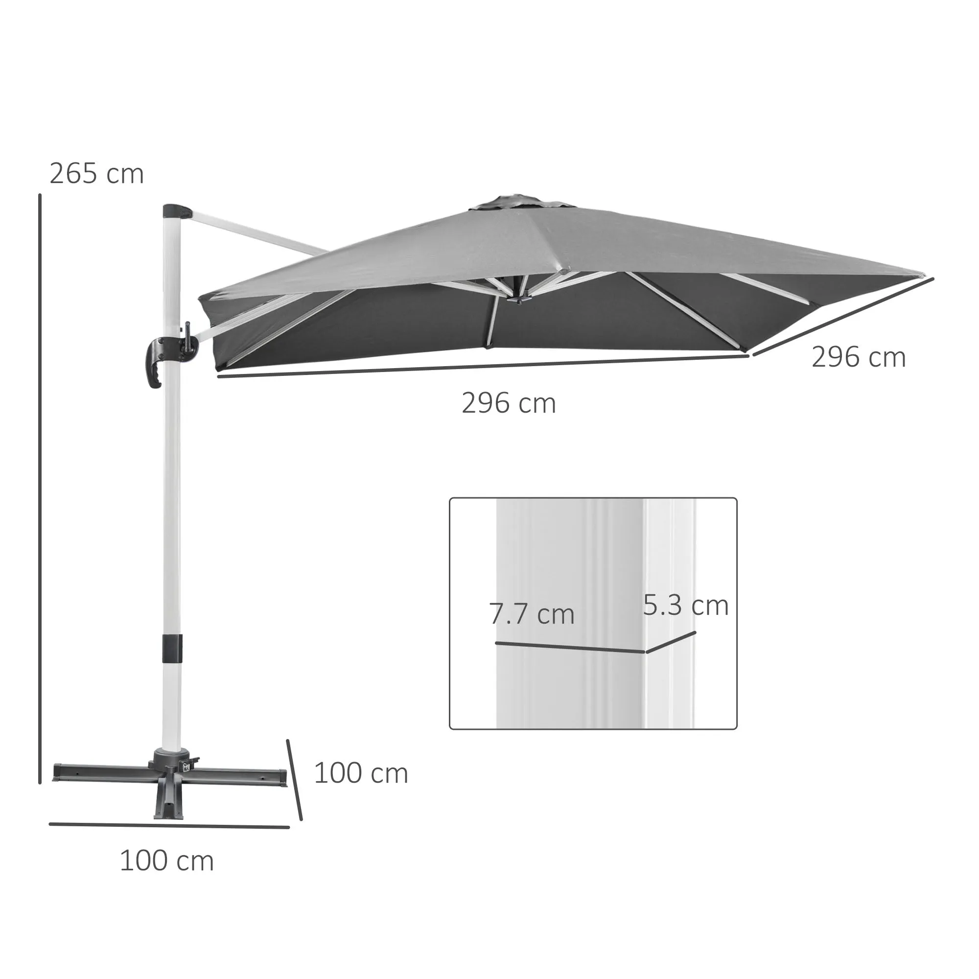 3 x 3(m) Cantilever Parasol, Square Garden Umbrella with Cross Base, Crank Handle, Tilt, 360¬∞ Rotation and Aluminium Frame, Grey