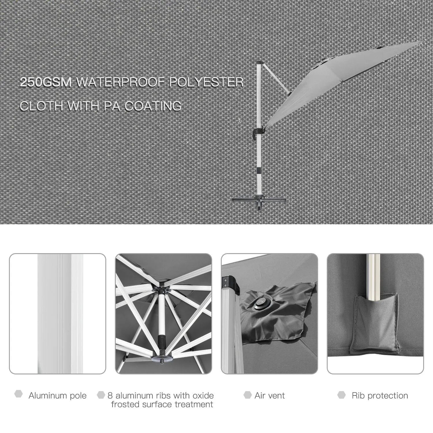 3 x 3(m) Cantilever Parasol, Square Garden Umbrella with Cross Base, Crank Handle, Tilt, 360¬∞ Rotation and Aluminium Frame, Grey