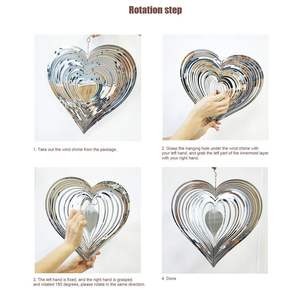 3D Stainless Steel Rotating Wind Chime Bell Spiral Heart Wind Chime Spinner For Outdoor Garden Window Bedroom Decoration Gift