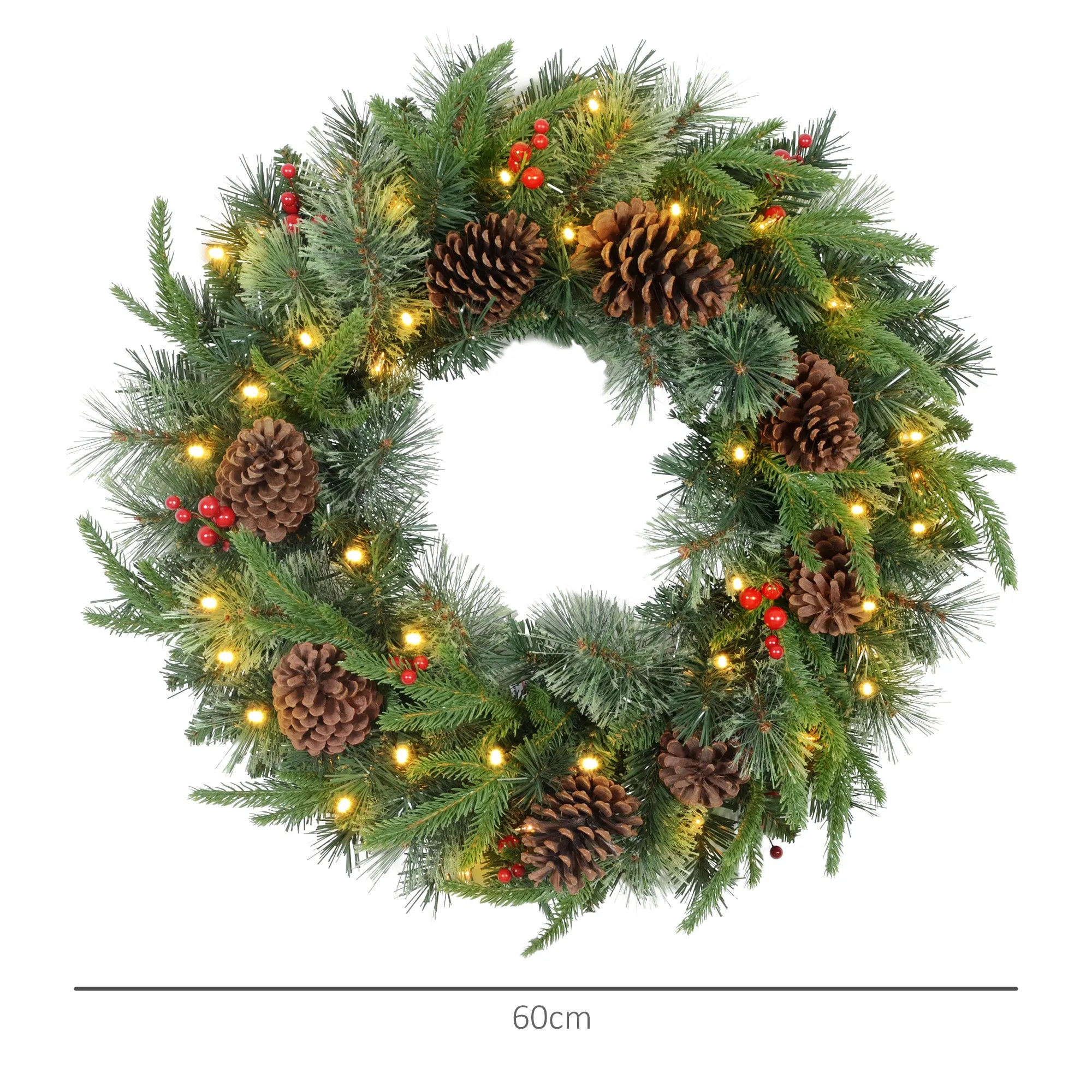 60cm Christmas Wreath with LED Lights Pine Cones Red Berries Green