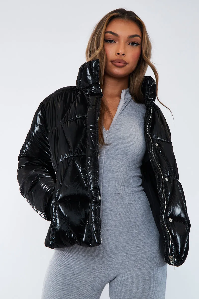 Black Diamond Quilt High Shine Puffer Jacket - Lumi