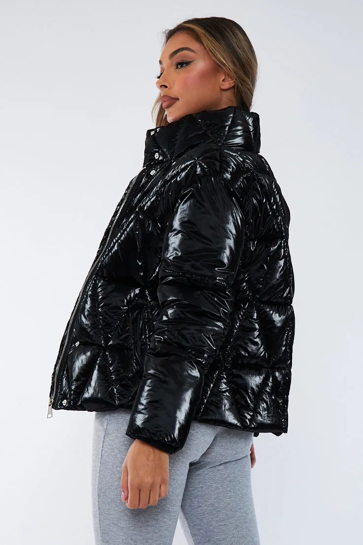 Black Diamond Quilt High Shine Puffer Jacket - Lumi