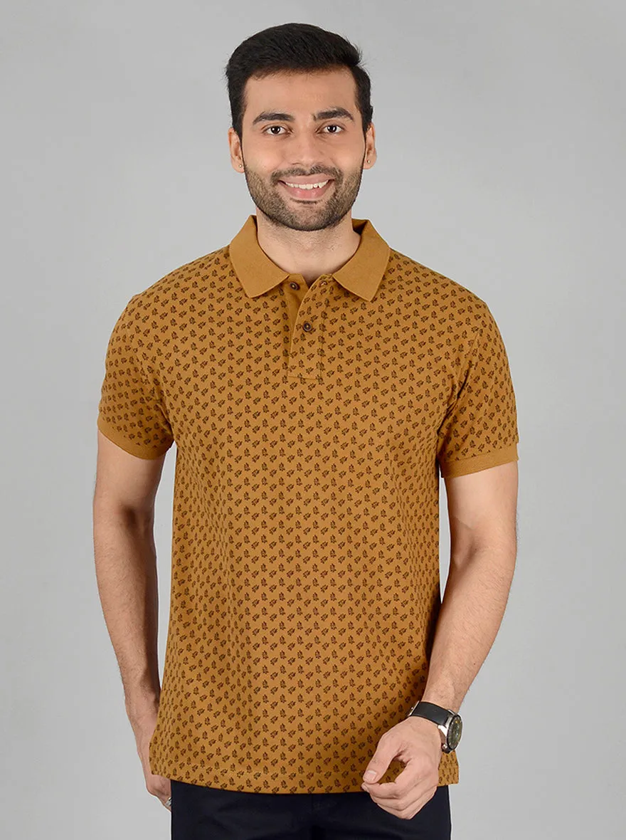 Brown Printed Slim Fit Polo T-Shirt | Greenfibre