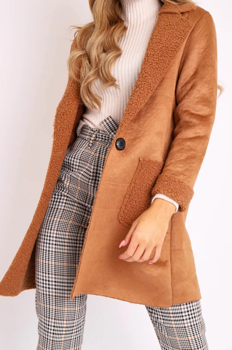 Camel Faux Suede Shearling Coat - Izabella