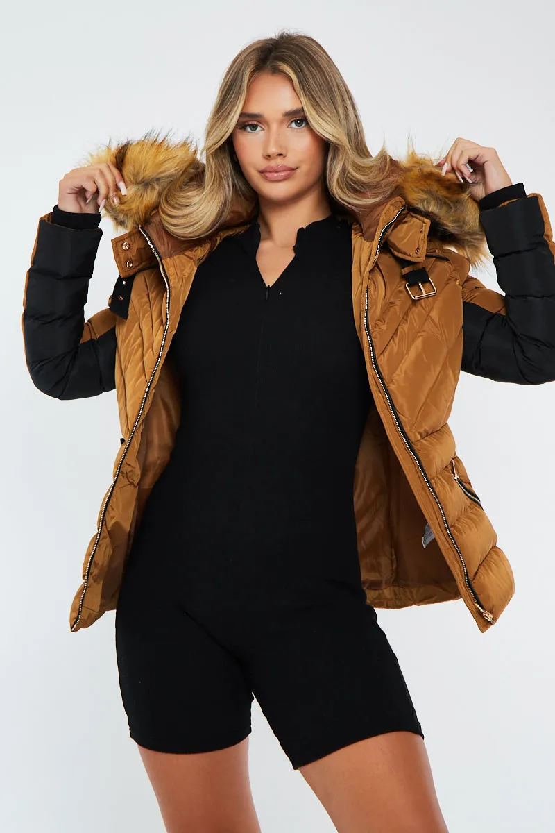 Camel Fur Hood Contrast Panel Puffer Jacket - Marloe