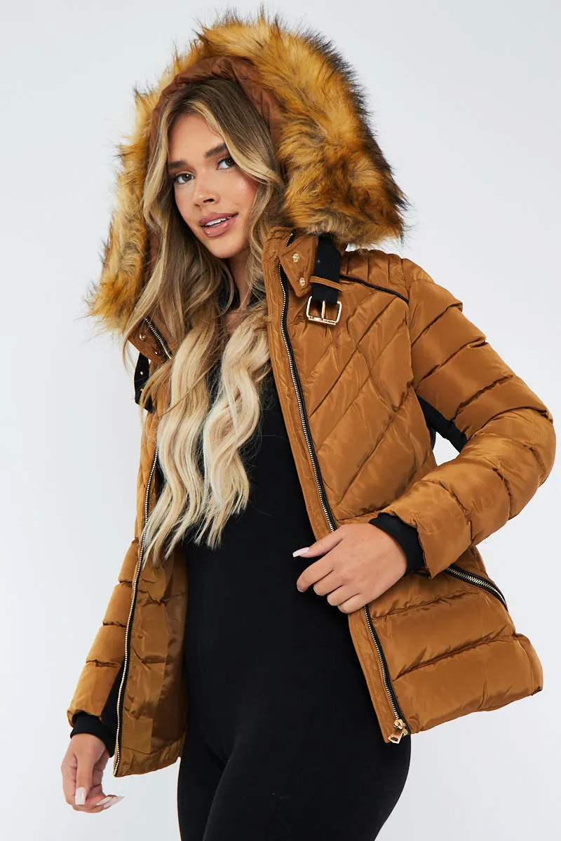 Camel Fur Hood Contrast Panel Puffer Jacket - Marloe