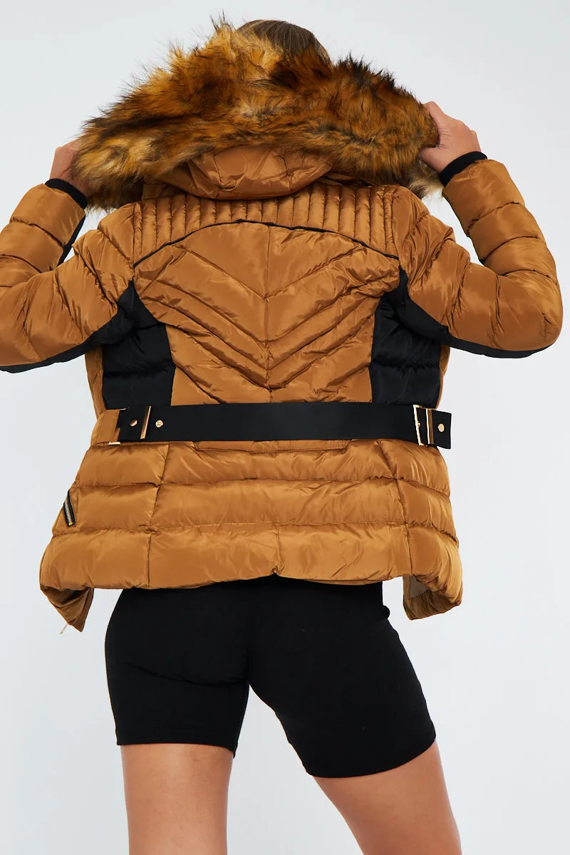 Camel Fur Hood Contrast Panel Puffer Jacket - Marloe