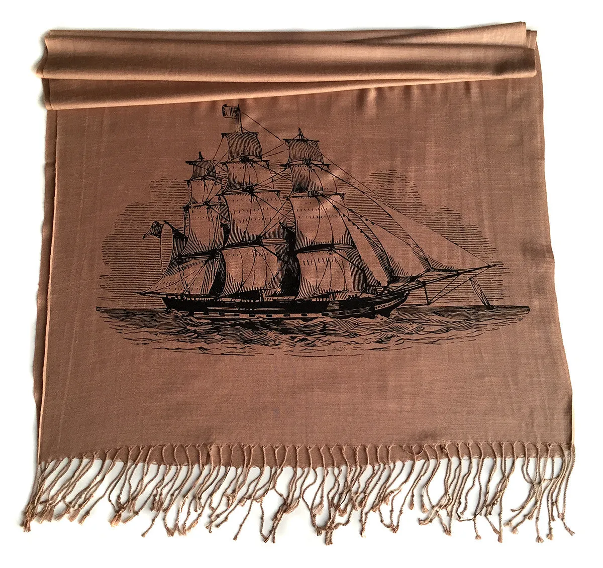 Clipper Ship scarf. Sailing Schooner linen-weave pashmina