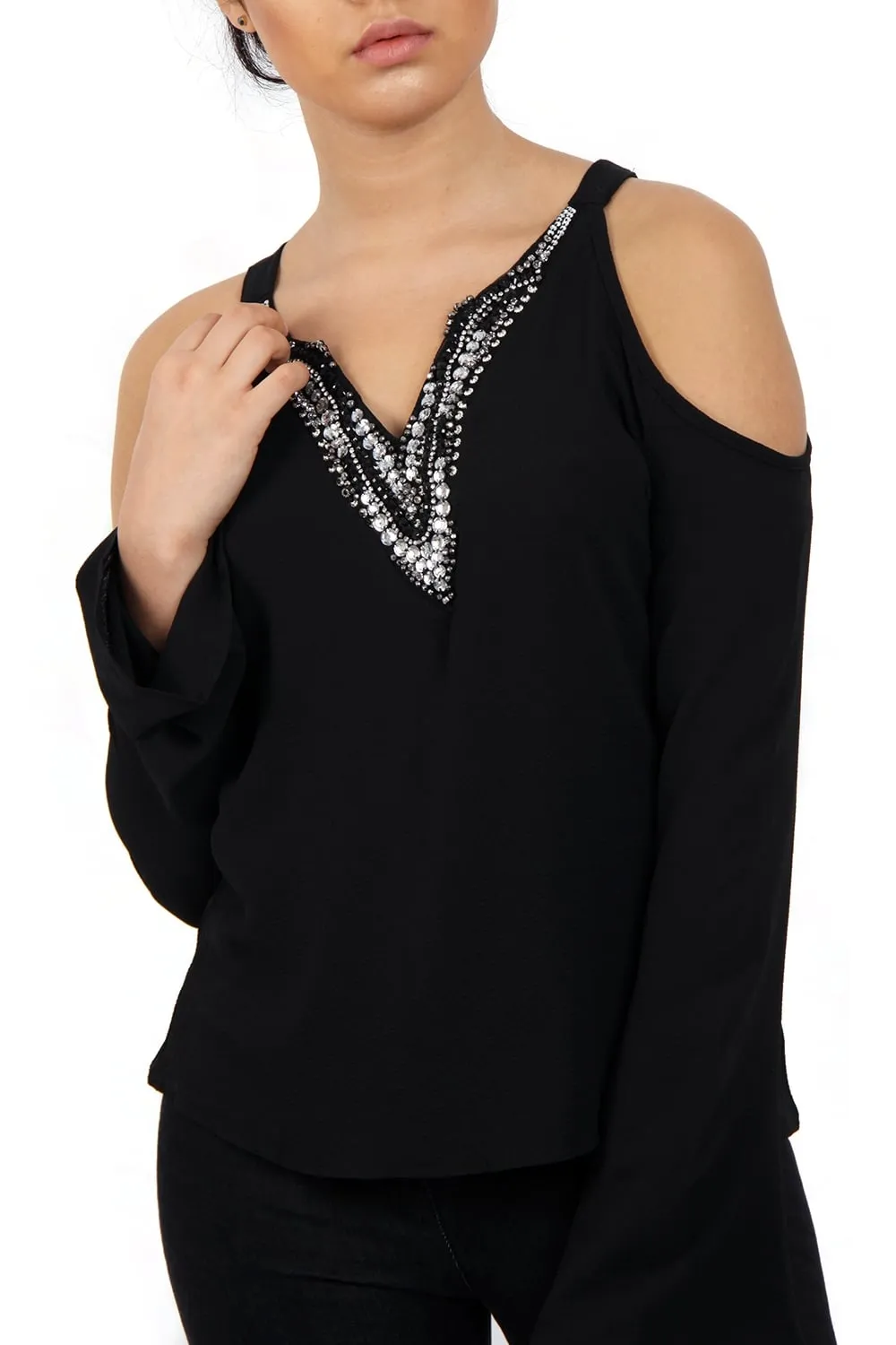 Cold Shoulder Embellished Neckline Bell Sleeve Top