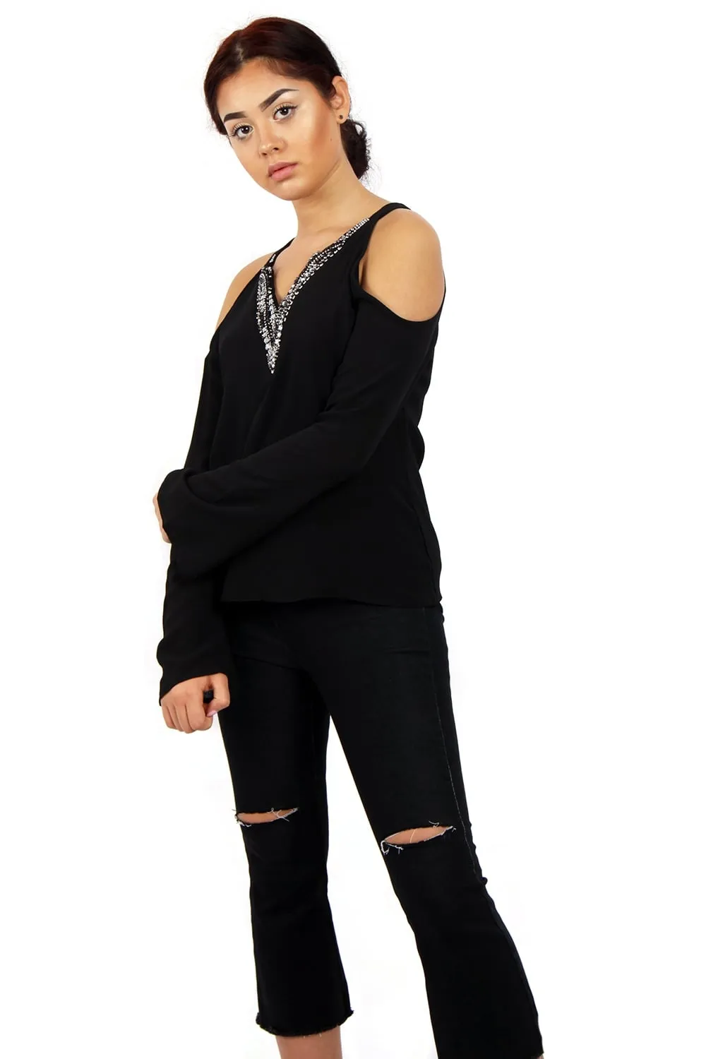 Cold Shoulder Embellished Neckline Bell Sleeve Top