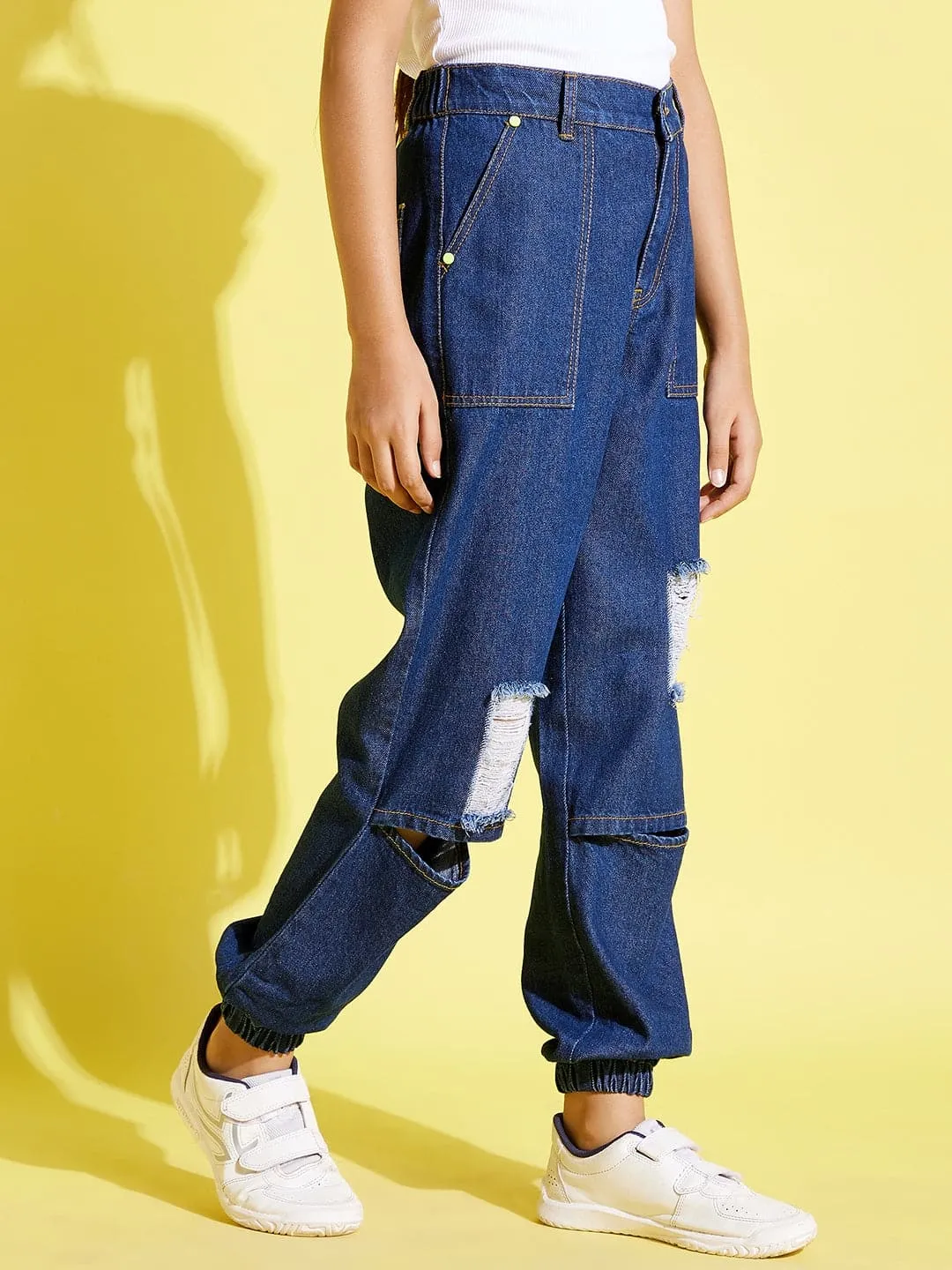 Girls Blue Knee Slit Denim Jogger Jeans