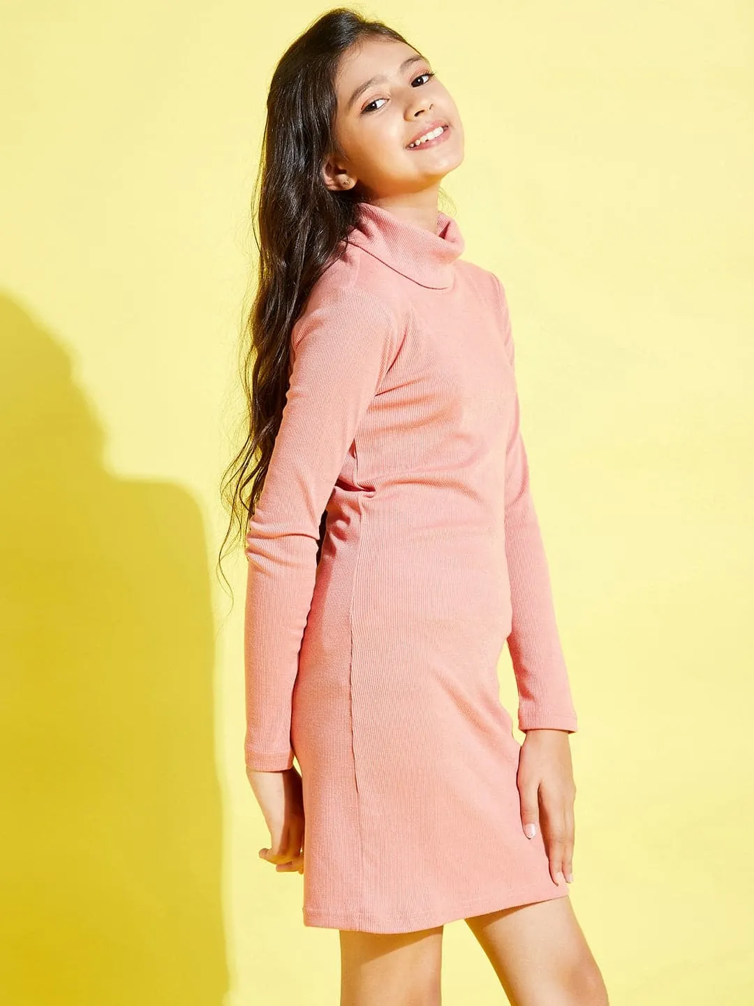 Girls Peach Full Sleeves High Neck Rib Dress