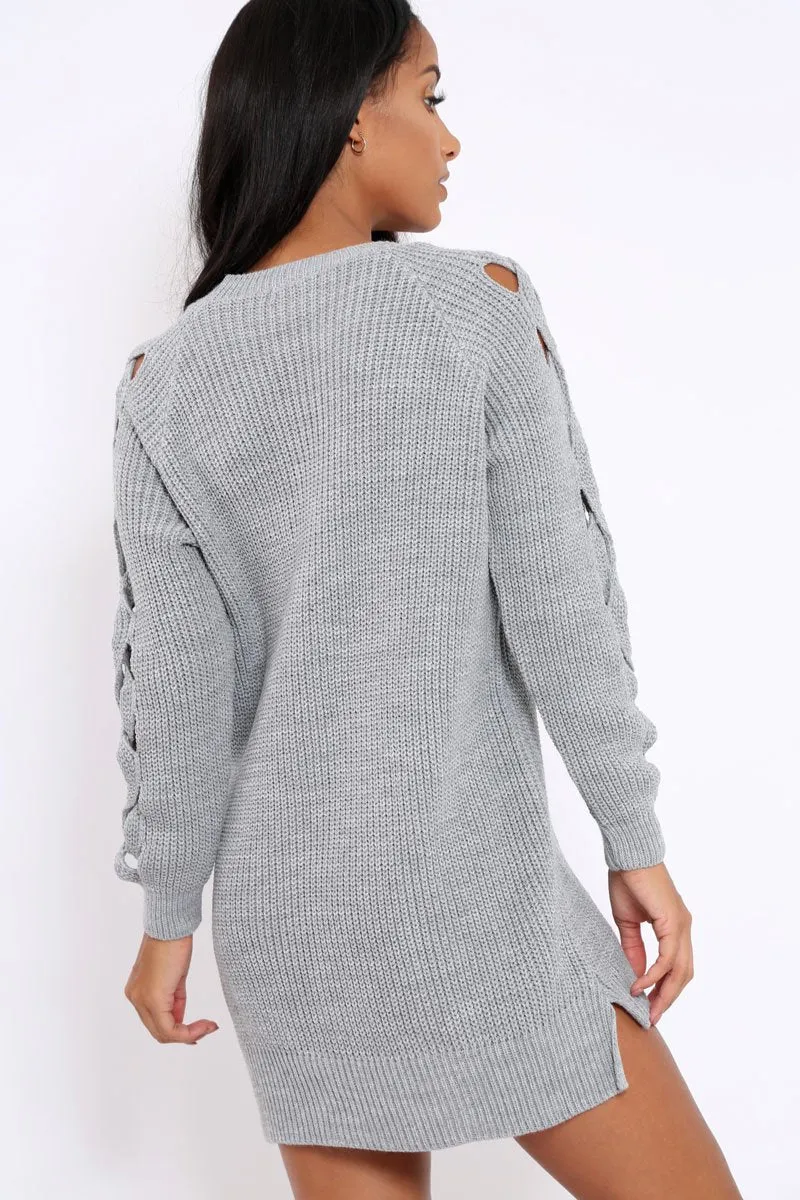 Grey Cable Knit Jumper Dress with Cut out Detail - Daysie