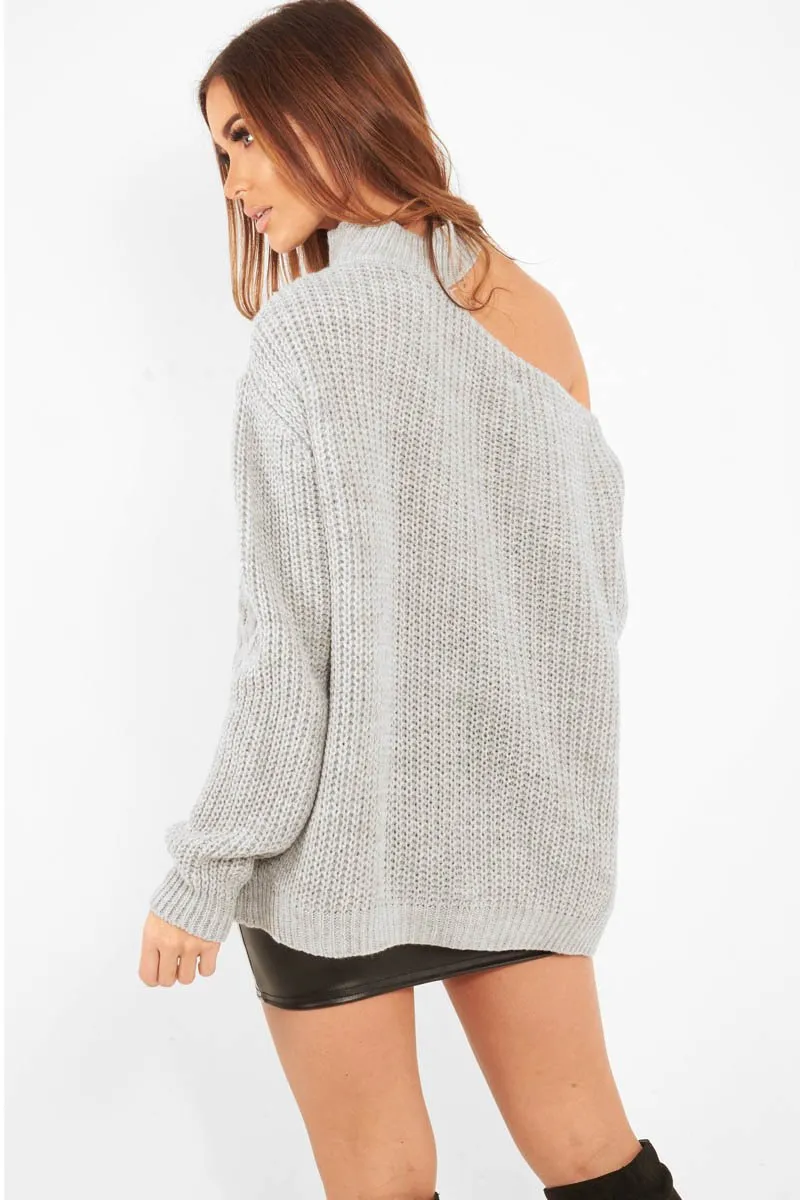 Grey Knitted Slash Neck Off Shoulder Jumper - Hazel