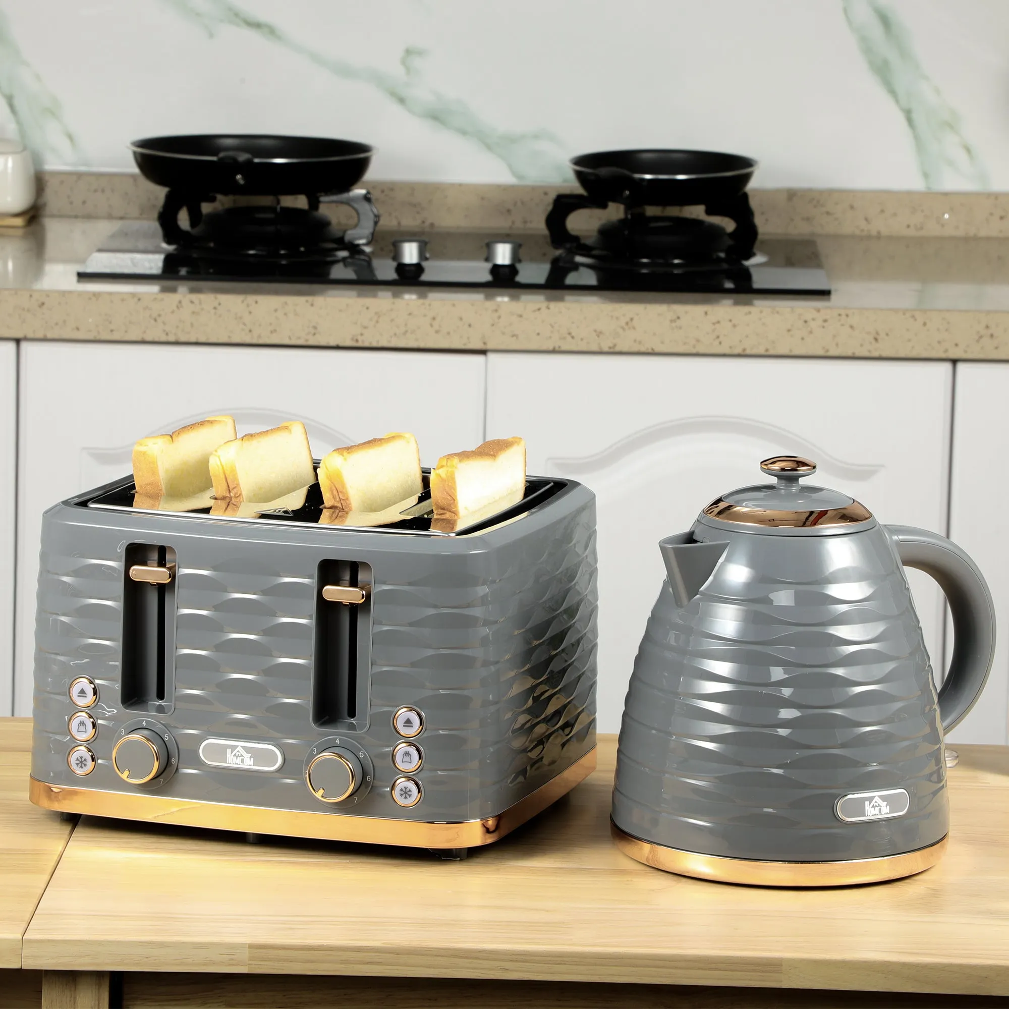 Kettle and Toaster Sets, 1600W 1.7L Rapid Boil Kettle & 4 Slice Toaster w/7 Browning Controls Defrost Reheat Crumb Tray Otter thermostat Grey