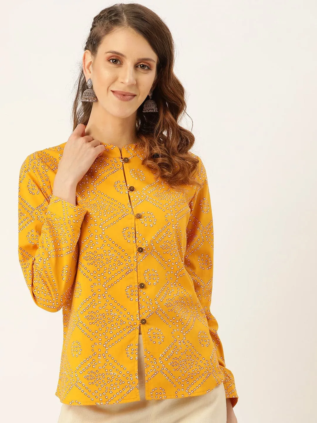 Mustard Bandhej Buttoned Ethnic Jacket