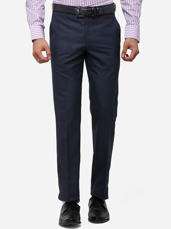 Navy Blue Slim Fit Checked Formal Trouser | Greenfibre