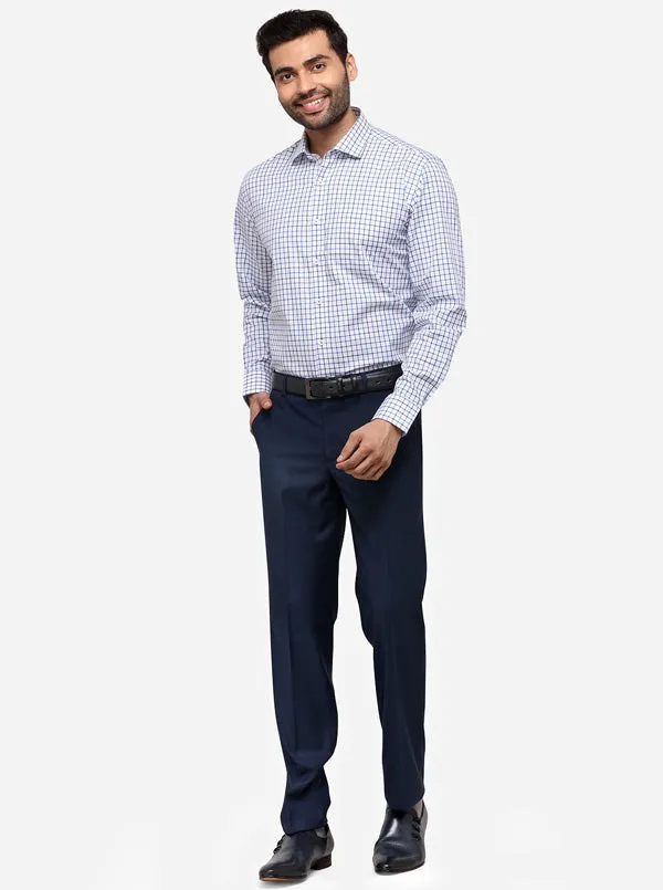 Navy Blue Slim Fit Checked Formal Trouser | Metal