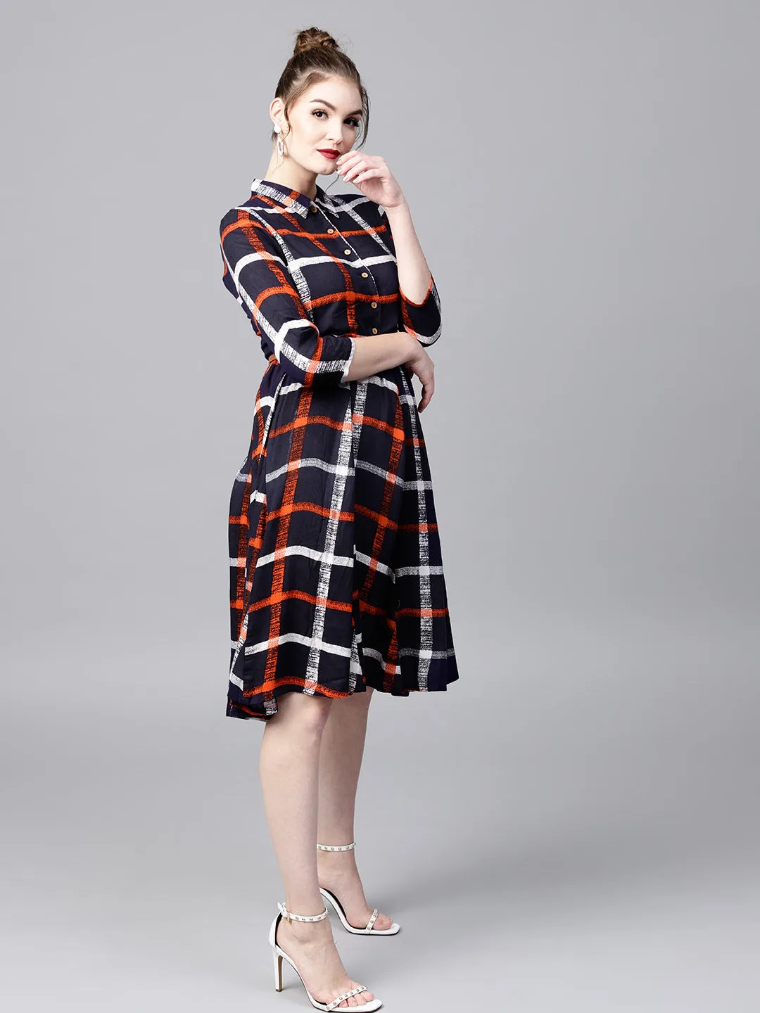 Navy Check Shirt Ethnic Belted Dress