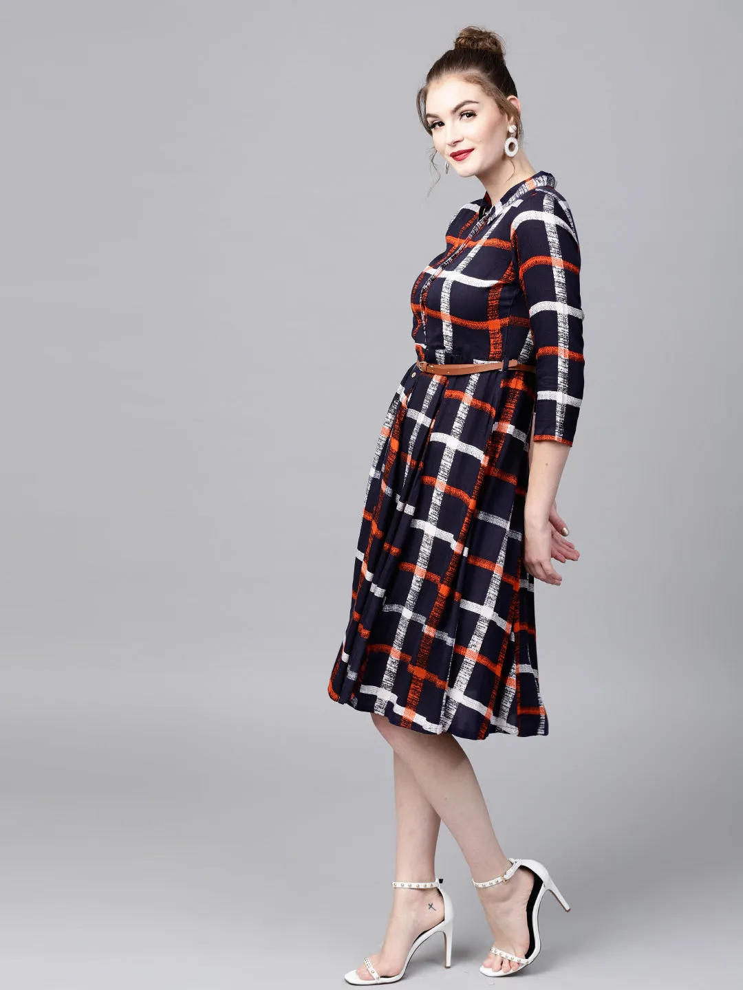 Navy Check Shirt Ethnic Belted Dress