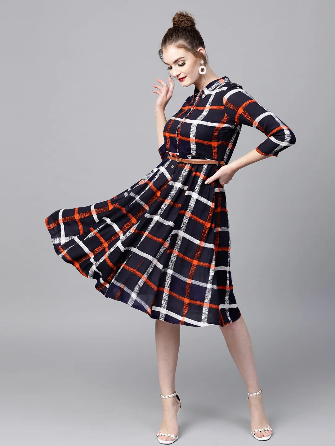 Navy Check Shirt Ethnic Belted Dress