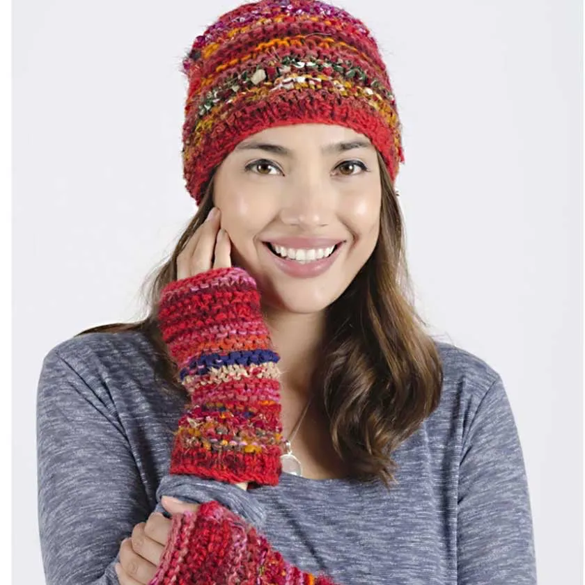 Recycled Silk Fingerless Gloves - Red