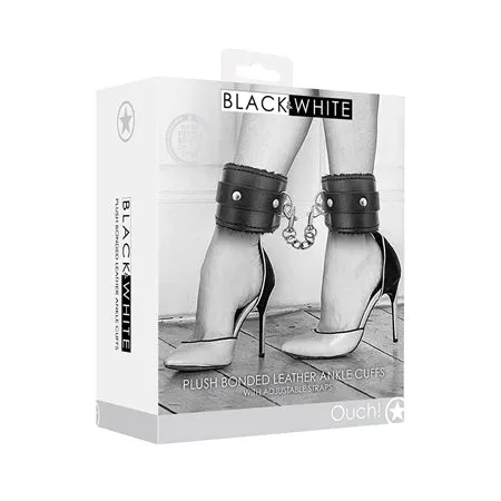 Shots Ouch Black & White Plush Bonded Leather Ankle Cuffs - Black