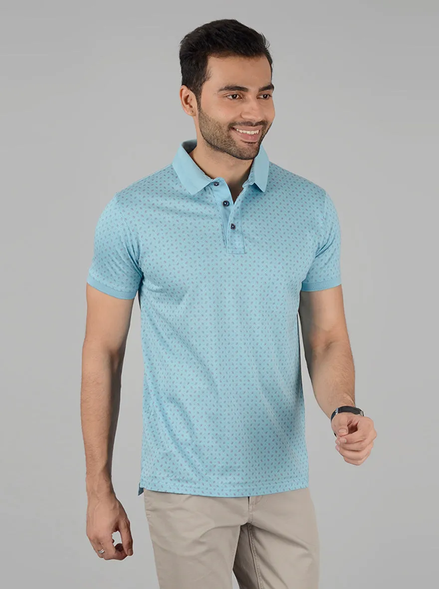 Sky Blue Printed Slim Fit Polo T-Shirt | JadeBlue