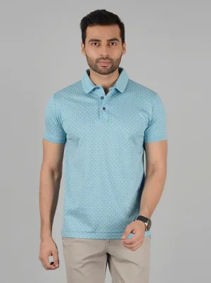 Sky Blue Printed Slim Fit Polo T-Shirt | JadeBlue